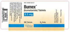 <p>bumetanide</p><p>loop diuretic </p><p>Reduce blood volume --> decreases edema and congestion (most HF patients need a loop diuretic for symptom relief)</p><p>Rapid IV admin can --> ototoxicity</p>