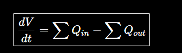 <p>dV/dt= Qin-Qout</p><p>Include evaporation or other losses as outflow/loss terms</p>