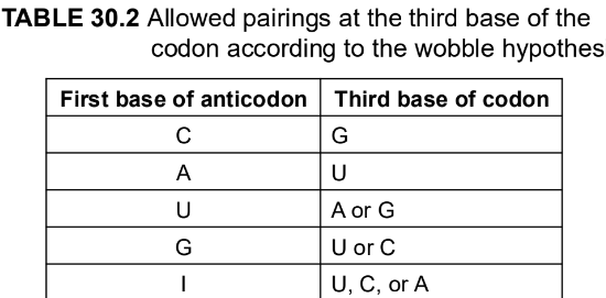 <p>note that I - inosine purine base pairs with cytidine, uridine or adenosine</p>