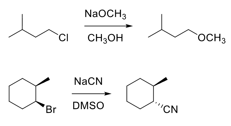 <p><strong>Good Nuc</strong></p><p><strong>primary alkyl halide best, secondary if Nuc is weak base.</strong></p><p><strong>Polar aprotic solvent (THF, DMSO, DMF)</strong></p><p>Stereospecific: inversion of configuration at alpha C</p><p>Mechanism: Concerted bimolecular backside attack. Nuc attacks alpha C on opposite face of leaving group, which leaves at the same time.</p><p><strong>End Goal: Replace leaving group with Nuc, inversion of stereochem</strong></p>