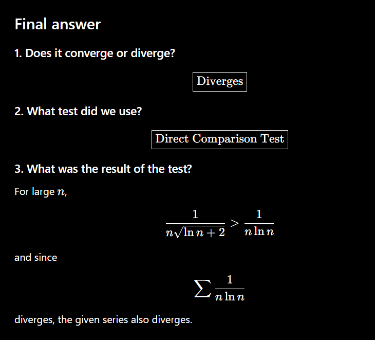 <p>exam 3, dont do integral test on others ever unless absoulty nesscessary, not cause its hard, but because hernendez requried to proof that its decasing by complicated derivaiites and continousing proof and this and that/………JUST AVIOD IT AT ALL COST, too risky</p>