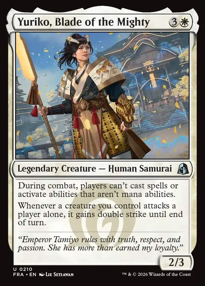 <p>During combat, players can’t cast spells or activate abilities that aren’t mana abilities.</p><p>Whenever a creature you control attacks a player alone, it gains double strike until end of turn.</p>