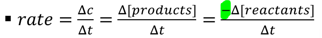 <ul><li><p>reaction rates are always positive</p></li><li><p>rate is expressed as either the <strong>appearance of a product</strong> <strong>(+)</strong> or <strong>disappearance of the reactant (-)</strong></p></li><li><p>rates can be expressed in several ways:</p><ul><li><p>M/s or M*s⁻¹</p></li><li><p>mol/(L*s) or mol*L⁻¹s⁻¹</p></li></ul></li></ul><p></p>
