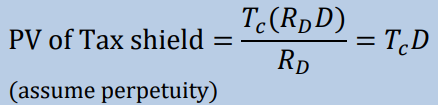 <p>(Tc × RD × D) / RD</p><p>(this assumes debt is perpetual as the tax shield continues forever)</p>