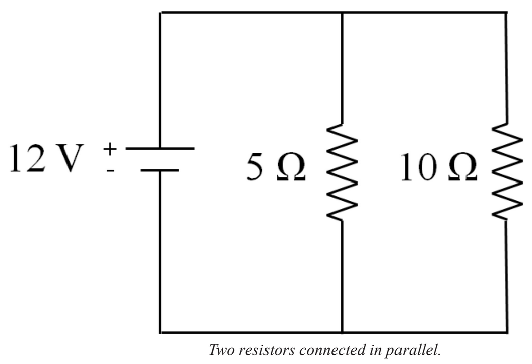<p>reciprocal of total resistance is sum of reciprocal of each resistor:$$\frac{1}{R_{parallel}} = \frac{1}{R_1} + \frac{1}{R_2} + … + \frac{1}{R_n}$$</p>