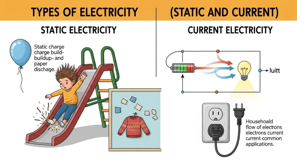 <ul><li><p>Static electricity = an electric charge that builds up and stays in one place (does not move)</p></li><li><p>Current electricity (electrical current) = electricity that moves/flows from one place to another</p></li></ul><p></p>