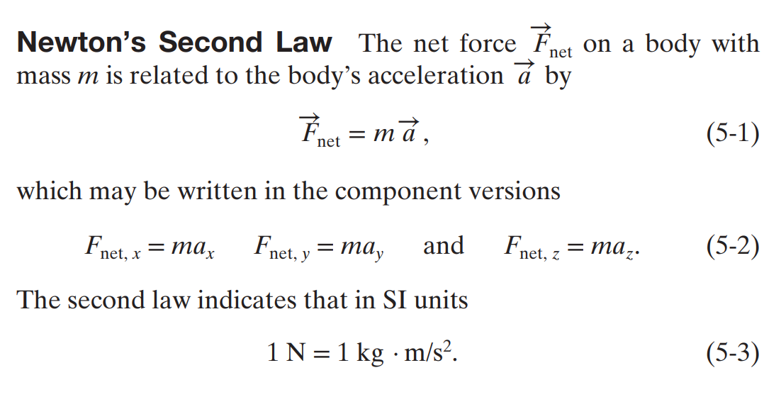 <p>The net force F<sub>Net</sub> on a body with mass <em>m</em> is related to the body’s acceleration via the fundamental formula: F = ma. </p><p></p><p>In particular, the individual forces acting on each of the system’s axes would have to be considered; regardless, each dimension’s equations are all of the form F = ma, just with respect to the necessary axis. </p>