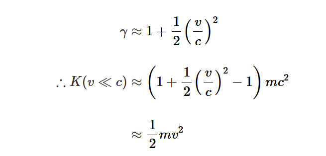 <p>subsitute approximation for gamma into the relativistic K equation and the classical expression will emerge</p>
