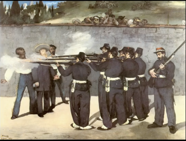 <p><span>Maximilian I of Mexico: born Archduke Maximillan of Austria proclaimed Emperor of Mexico, 1864</span><br><br><span>(many foreign governments, including that of the U.S, refused to recognize his government)</span><br><br><span>defeated, executed, after capture by the Liberals, in 1867</span><br><br><span>contemporary event</span><br><br><span>not a hero,</span><br><span>not a victim</span><br><br><span>photographic record of "split-second moment" of rifle firing</span><br><br><span>*puff of smoke</span><br><span>*delayed reaction</span></p><p></p><img src="https://assets.knowt.com/user-attachments/5f47d7ff-4964-499c-993e-7ef9de89d9bd.png" data-width="100%" data-align="center"><p></p>