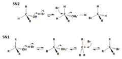 <p>SN1 involves carbocation formation which is the rate-limiting step, nucleophile can attack on either plane of sp2 C, so both enantiomers can form</p><p>SN2 involves backside attack, so inversion of configuration with pentavalent transition state</p><p>SN1 on 2/3 degree carbons only (carbocation stability!), SN2 on 0/1/2 degree carbons only</p><p>SN1 considerations:</p><p>1. doesn't consider nucleophile size/conc. in rate law</p><p>2. *polar, protic solvent*</p><p>3. 2/3 degree carbons only</p><p>SN2 like *polar, aprotic solvents*: acetone, DMF, DMSO </p><p>alcohols and ethers undergo substitution only with an acid catalyst or conversion to a better leaving group (something resonance stabilized maybe)</p>