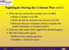 <p>- A pioneer of modern nursing known for her work caring for soldiers during the Crimean War (significantly reduced mortality rate from 60% to 2%)</p><p>- Founded the first training school for nurses in 1860 in London</p><p>- Used statistics to improve healthcare policies</p><p>- Practiced hand hygiene, reformed sanitary practices</p><p>- Helped bring women into the British Army as nurses</p>