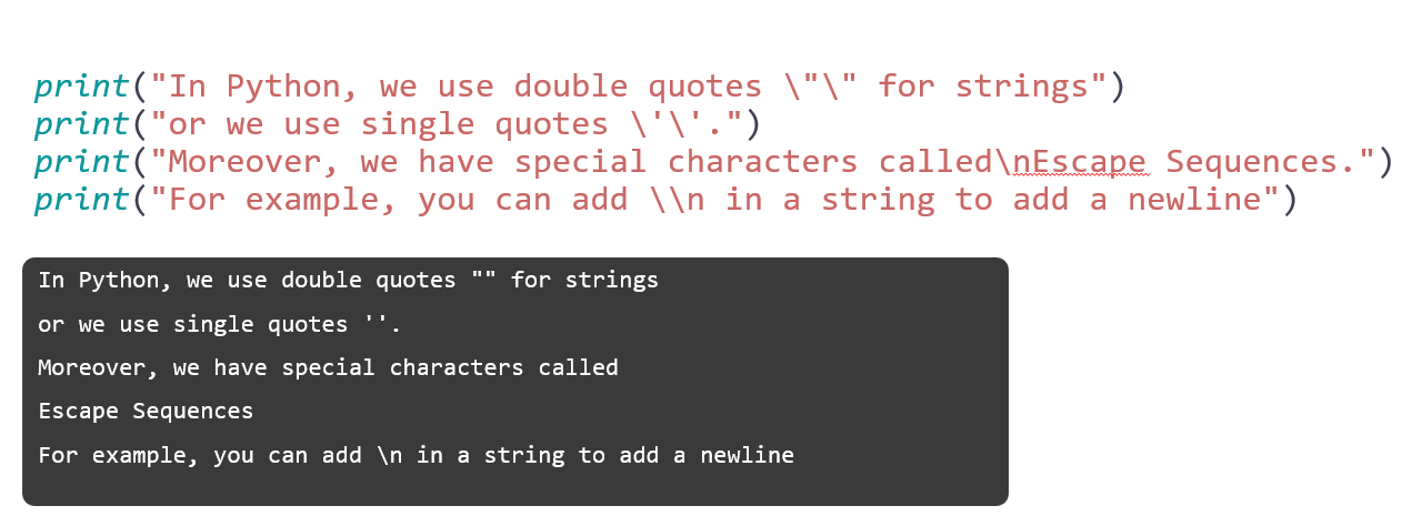 <p>\”: double-quote </p><p>\’: single-quote </p><p>\\: backslash </p>