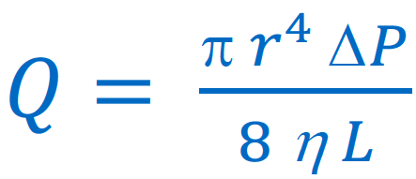 <p>rate</p><p>-The relationship between radius and pressure gradient is inverse exponential to the fourth power</p><p>Q = flow rate</p><p>P = pressure</p><p>r = radius</p><p>η = fluid viscosity</p><p>L = length of tubing</p><p>https://www.khanacademy.org/science/physics/fluids/fluid-dynamics/v/viscosity-and-poiseuille-flow</p>