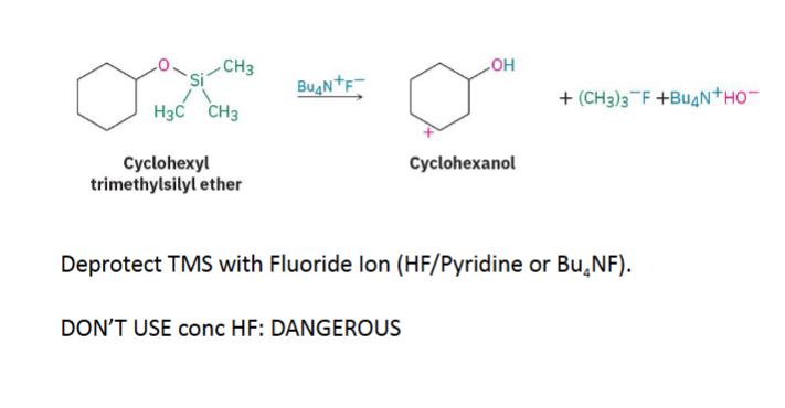 <p>Use flouride: </p><ul><li><p>HF/Pyridine</p></li></ul><ul><li><p>Bu₄NF (tetrabutylammonium fluoride)</p></li></ul><p></p>