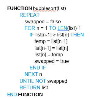 <p>Goes through comparing two items beginning at index 0 to sort a list, swapping to make the lower value at the lower index. <br>Time complexity: n²<br>Memory: O(1)</p>