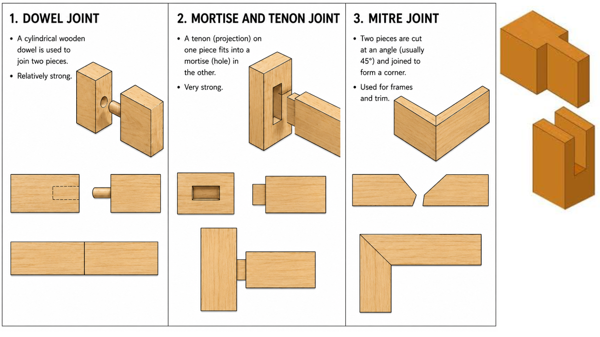 <p>dowel</p><p>mortise and tenon</p><p>mitre</p><p>bridle</p>