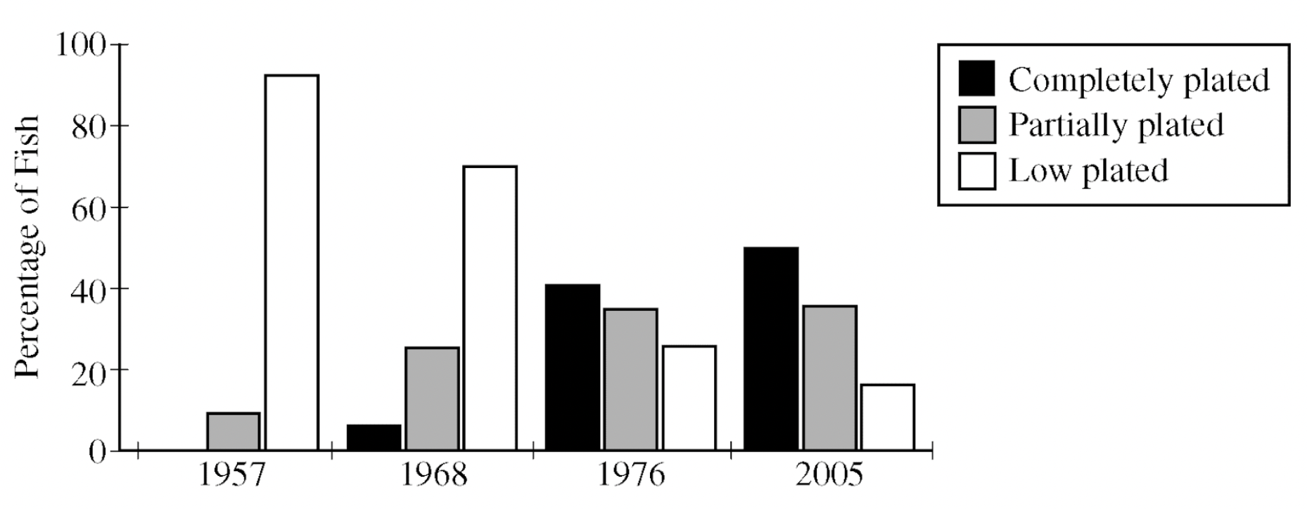 <p>The three-spined stickleback (Gasterosteus aculeatus) is a small fish found in both marine and freshwater environments. Marine stickleback populations consist mainly of individuals with armor-like plates covering most of their body surface (completely plated). Approximately 10,000 years ago, some marine sticklebacks colonized freshwater environments. After many generations in the freshwater environments, the freshwater stickleback populations lacked the armor plating (low plated) typical of marine stickleback populations.</p><p>Over the period between 1957 and 2005, one freshwater population, in Lake Washington, a lake in a coastal region of the northwestern United States, changed from having a majority of individuals of the low-plated phenotype to having more individuals of the completely-plated phenotype than of the low-plated phenotype. Figure 1 shows the distribution of plated phenotypes in Lake Washington sticklebacks at four time points between 1957 and 2005.<br><br>A single gene, ectodysplasin (EDA), is thought to be responsible for the variation in the number of armor plates in sticklebacks. Figure 2 shows a phylogenetic tree constructed by comparing DNA sequences of the EDA gene from a number of stickleback populations with low-plated or completely plated phenotypes. Figure 3 shows a phylogenetic tree constructed by comparing the sequences of 25 genes that were randomly selected from the same populations as shown in Figure 2. In both figures, shaded populations display the completely plated phenotype.<br><br>Evolution of a new trait typically takes many generations. Yet a dramatic shift in the extent of armor plating in the Lake Washington stickleback population occurred in the 50 years following the cleanup of the lake. Which of the following best describes the mechanism of the rapid evolution of the armor phenotype in the Lake Washington sticklebacks?</p>