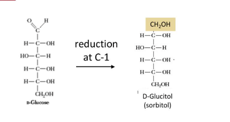 <p>formation</p><ul><li><p>formed form mild reduction (gaining of electrion) of carbyonyl groups of aldoses</p></li></ul><p></p>