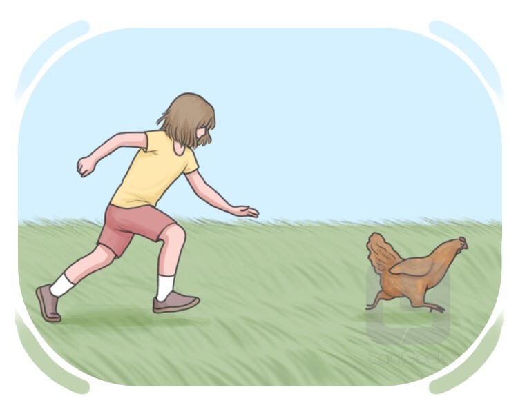 <p>v. To run or hurry after someone or something to catch it</p>
