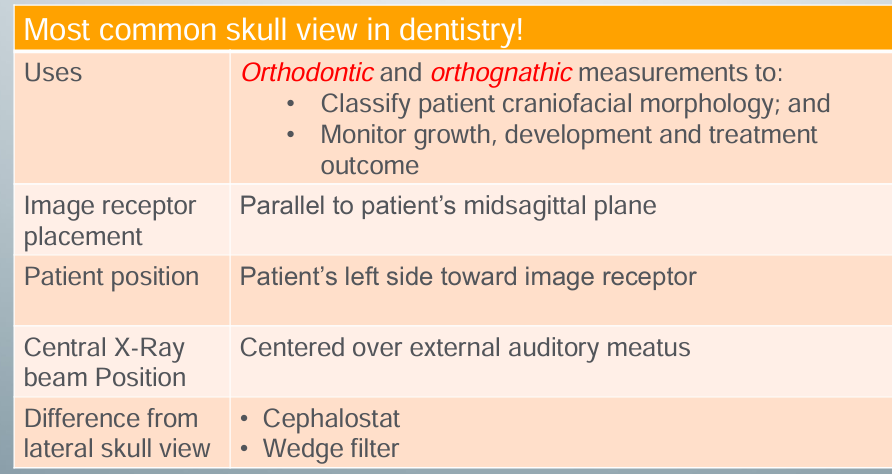 <p>-lateral ceph</p><p>-lateral ceph v. lateral skull: ceph has the cephalostat to maintain a constant relationship among skull, image detector, x-ray beam</p><p>-exact superimposition of the right and left sides would not be possible because of projection geometry</p><p>-structures near the image receptor will be less magnified than the same structures on the side away from the image receptor</p>
