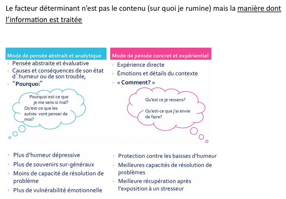 <p>Une tendance à analyser les situations de manière abstraite et globale (« pourquoi est-ce que je vis ça ? ») plutôt que concrète et situationnelle.</p>