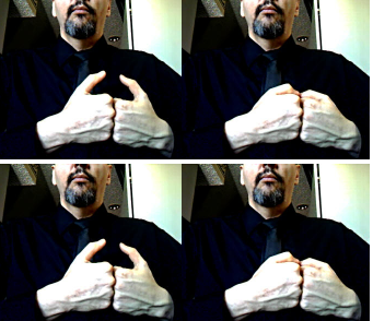 <p>“a” hands over heart and thumbs move up and down</p>