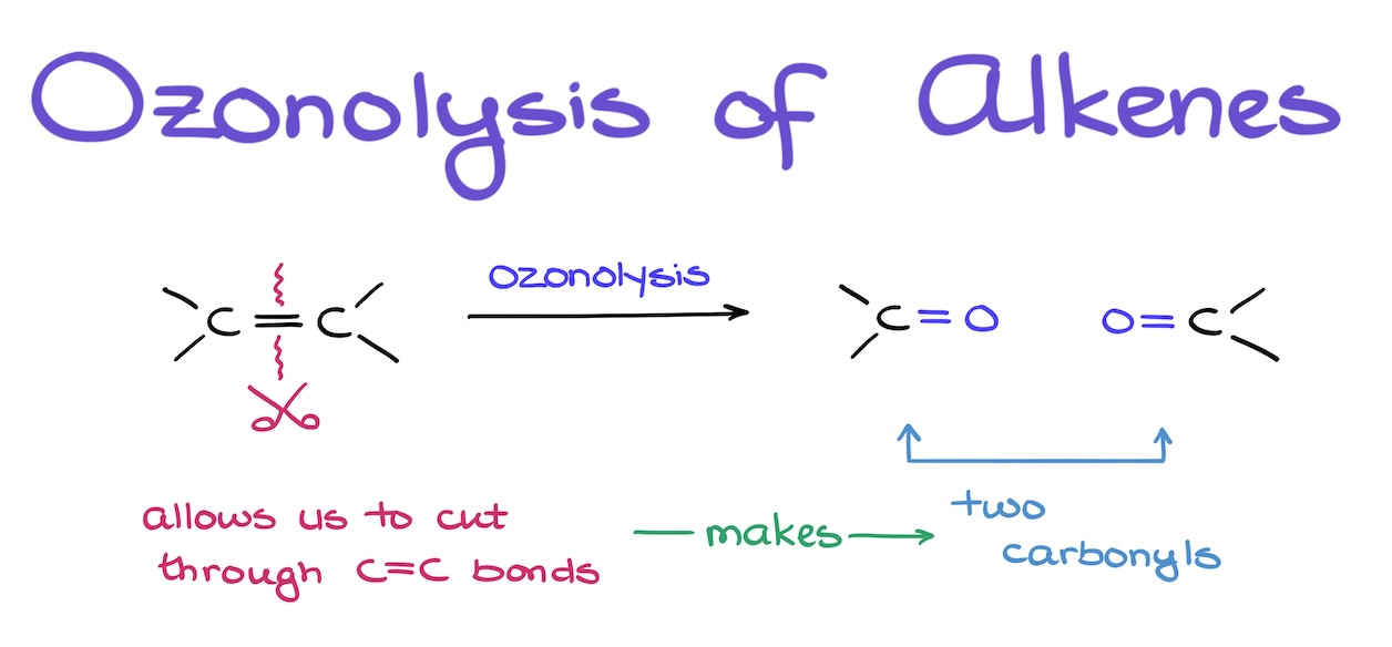 <p>molecule cleaves in half across double bond with two oxygens attached to each side, no stereochem, no Mark/anti-Mark</p>