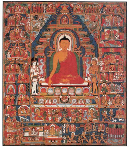 <ul><li><p><span style="background-color: transparent;">Buddha represented within a shrine place</span></p><ul><li><p><span style="background-color: transparent;">Earth-touching gesture, arrows turning into flowers, earth goddess and Mara </span></p></li><li><p><span style="background-color: transparent;">Depicts the moments of enlightenment and represents the orilgrimage site of the Bodh Gaya</span></p><ul><li><p><span style="background-color: transparent;">Collapsing of time and space</span></p></li></ul></li></ul></li><li><p><span style="background-color: transparent;">Maitreya and Avalokitesvara on either side</span></p></li><li><p><span style="background-color: transparent;">Buddha life episodes organized spatially and chronologically (ex. different levels of heavens)</span></p></li><li><p><span style="background-color: transparent;">Elongated limbs at odd angles of attendant bodhisattvas</span></p></li></ul><p></p>