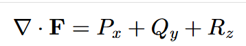 <p><span>of a vector field </span>𝐅=〈𝑃,𝑄,𝑅〉,<span> denoted </span>∇⋅𝐅,<span> is </span>𝑃𝑥+𝑄𝑦+𝑅𝑧;<span> it measures the “outflowing-ness” of a vector field</span></p>