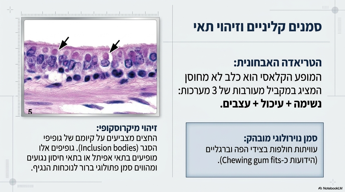 <ul><li><p><strong>חשד קליני מבוסס:</strong> כלב שאינו מחוסן המציג שילוב סימנים אופייניים במערכות הנשימה, העיכול והעצבים (במיוחד עוויתות חולפות האופייניות לכלבלבת בצידי הפה המכונות "צ’ואינג גאמ פיטס" וברגליים).</p></li><li><p><strong>ספירת דם (סי.בי.סי):</strong> מראה חוסר חמור בכדוריות דם לבנות (לוקופניה ולימפופניה).</p></li><li><p><strong>ממצא היסטולוגי קלאסי:</strong> לעיתים ניתן לזהות במיקרוסקופ <strong>גופיפי הסגר</strong> בתוך תאי אפיתל או תאי חיסון נגועים (כפי שמוצג באיור ההיסטולוגי 4 – גופיפי הסגר ציטופלזמטיים עגולים וורודים המסומנים בראשי החצים השחורים בתוך תאי האפיתל הריסניים).</p></li><li><p><strong>בדיקות מעבדה ספציפיות:</strong></p><ul><li><p>מגוון מבחנים לאיתור אנטיגנים ונוגדנים בנוזלי גוף שונים: נוזל מוח שדרה (CSF), שתן, דמעות וסרום.</p></li><li><p>בדיקת <strong>פי.סי.אר</strong> לאיתור חומצת הגרעין של הווירוס</p></li></ul></li></ul><p></p>