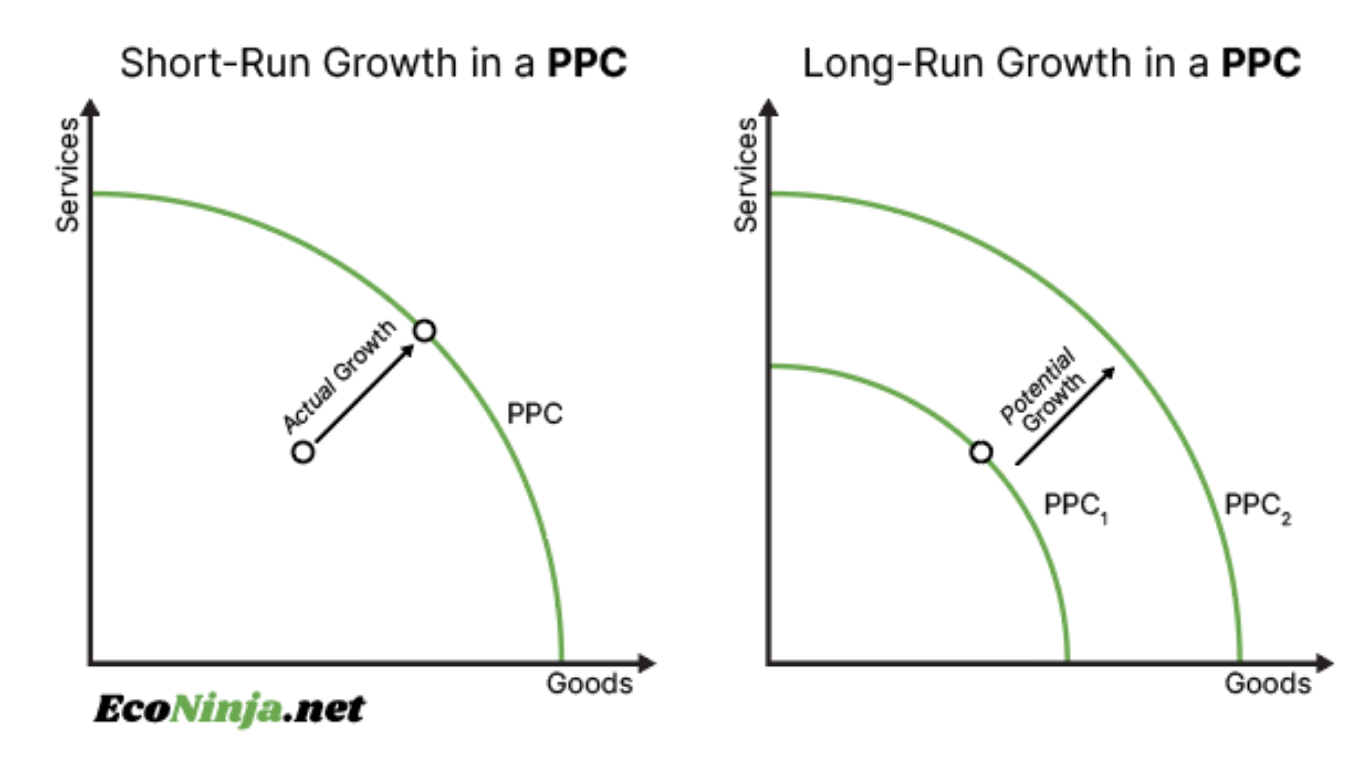 <p>Short-run growth shifts AD rightward toward potential output. Long-run growth shifts LRAS or the PPC rightward and is determined by potential GDP (economic growth).</p>