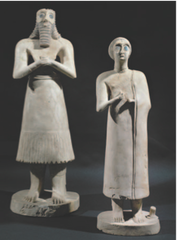 <p>Form:</p><p>- bilateral symmetry</p><p>- eyes exaggeration (beholding the divine)</p><p>-gypsum and black limestone</p><p>Content:</p><p>-the hands are placed in prayful gesture</p><p>- elite male and female figures</p><p>Function:</p><p>-placed in ziggurat to resemble the people that aren't allowed to be in the ziggurats</p><p>Context;</p><p>- found in the Square Temple of Eshunna (modern day Tell Asmur, Iraq) </p><p>-2700 BCE</p>