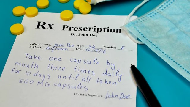 <p>prescription</p><p>( The doctor gave me a prescription for antibiotics )</p>