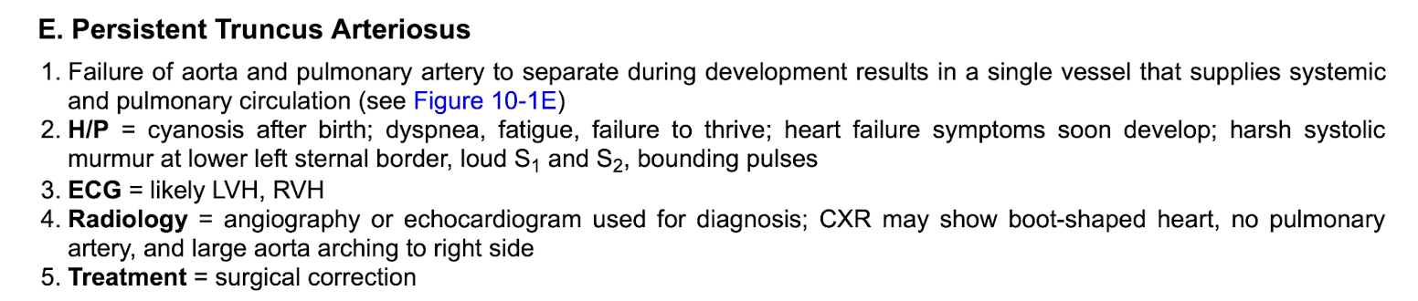 <p><strong>SXS</strong></p><p class="p1">-cyanosis after birth&nbsp;</p><p class="p1">-HF sxs</p><p class="p1">-failure to thrive&nbsp;</p><p class="p1">-harsh systolic murmur at lower left sternal border, S1 and S2, bounding pulses&nbsp;</p><p class="p1"></p><p class="p1"><strong>Tx:&nbsp;</strong></p><p class="p1">-surgical correction&nbsp;</p>
