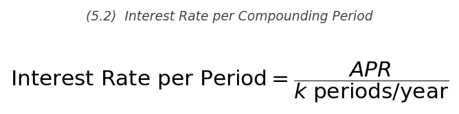 <p>\text{Rate per Period} = \dfrac{\text{APR}}{k}</p>