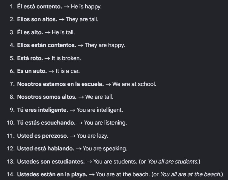 <p>Lo más importante que hay que saber, es que cada par de “ser / estar” —que varía según dos posibles sujetos y verbos— se reduce a un solo sujeto y verbo en inglés. No se preocupe por memorizar todo esto ahora, ya que se cubrirá con mucho más detalle más adelante. Por ahora, solo intente comprender el concepto y cómo se relaciona con la estructura de las oraciones, en lugar de centrarse demasiado en las variaciones del verbo "be".</p>