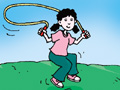 <p>She is skipping a rope</p>