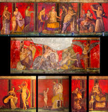 <p>A Roman wall painting from Pompeii around 60 BCE created using fresco technique, depicting ritualistic or ceremonial scenes.</p>