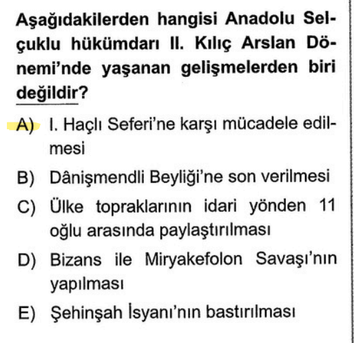 <p>I. Haçlı Seferi, <strong>I. Kılıç Arslan</strong> dönemindedir (Merkezin İznik'ten Konya'ya taşındığı dönem).</p><p><strong>II. Kılıç Arslan'ın en büyük olayı:</strong> <strong>Miryokefalon</strong> Savaşı'dır (Anadolu'nun tapusunun alındığı savaş).</p><p>Ayrıca ülkeyi 11 oğlu arasında paylaştıran da odur.</p>