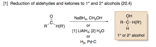 <p>aldehyde reacting with (NaBH4 + CH3OH) OR (LiAlH4 + H2O) to 1° and 2° alc.</p>