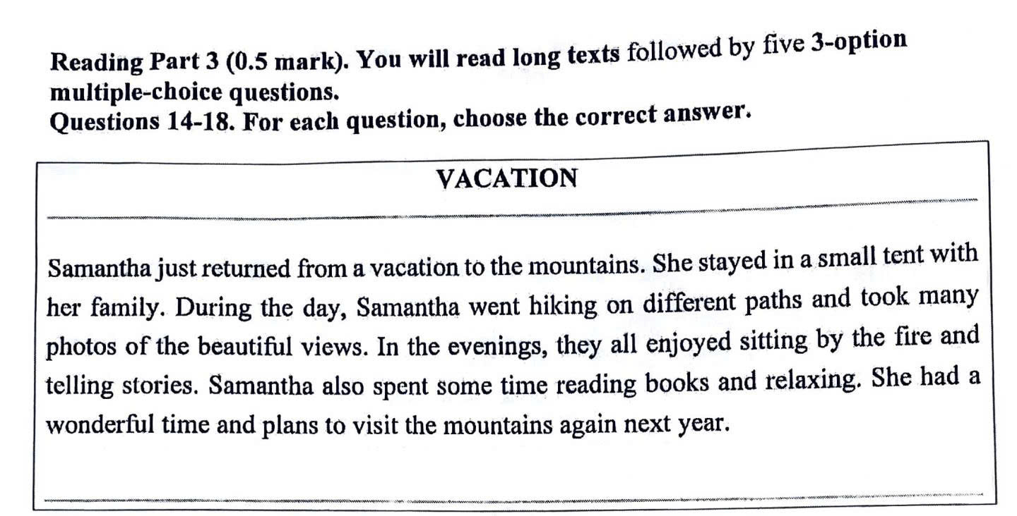 <p><span>V2.17. What did Samantha do in the evenings? </span></p><p><span>A) Read books and relaxed </span></p><p><span>B) Went to a restaurant </span></p><p><span>C) Watched TV</span></p>