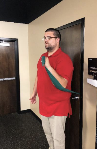 <p>grasp theraband in hand and have the band in contact forearm and wrapping around the elbow. Punch upward and protract the shoulder at 120⁰</p>
