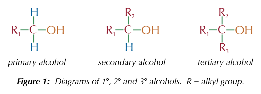 <ul><li><p><strong>Primary alcohols (1º)</strong>: C bonded to O-H is only bonded to one other C atom</p></li><li><p><strong>Secondary alcohols (2º): </strong>C bonded to O-H is bonded to two other C atoms</p></li><li><p><strong>Tertiary alcohol (3º): </strong>C bonded to O-H is bonded to three other C atoms</p></li></ul><p></p>