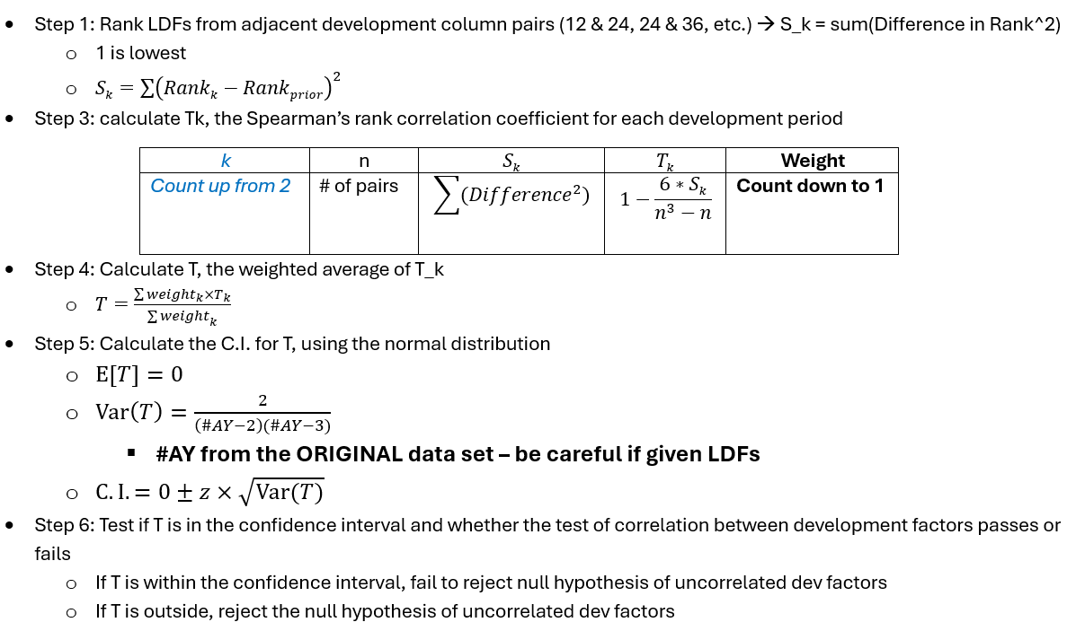 <ul><li><p><span style="background-color: transparent;">The correlation of adjacent LDFs is a test of Mack’s 1<sup>st</sup> assumption that losses in the next development period are proportional to losses-to-date</span></p></li><li><p><span style="background-color: transparent;">Mack Correlation of Adjacent LDFs test looks at the triangle as a whole, not at each column-pair</span></p><ul><li><p><span style="background-color: transparent;">It’s more important to know if correlation between LDFs prevails throughout the triangle</span></p></li></ul></li></ul><p></p>