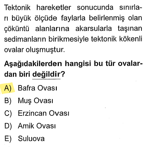 <p>Muş, Erzincan, Amik ve Suluova fay hatlarına bağlı çökme ile oluşan tektonik ovalardır. Ancak <strong>Bafra Ovası</strong>, Kızılırmak'ın getirdiği alüvyonları denize biriktirmesiyle oluşan bir <strong>Delta Ovası</strong>dır.</p>