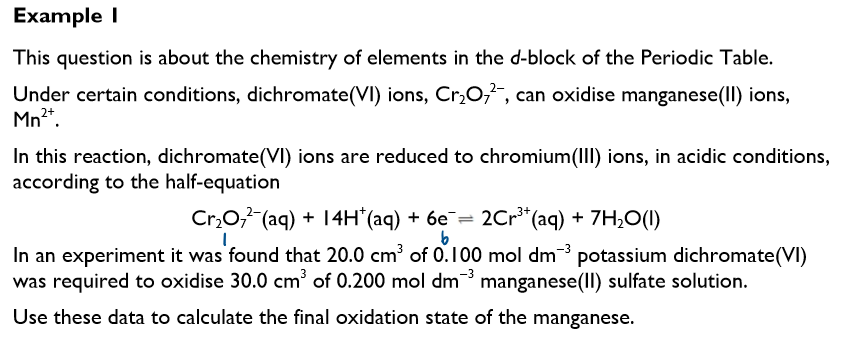 <p>Using redox titrations to work out the oxidation state of an element - Example 1:</p>