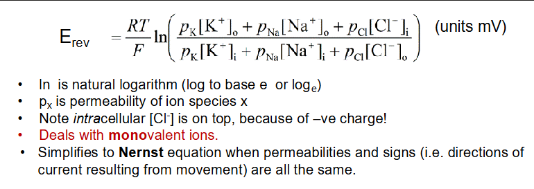 <p>nernst equation for multiple ions, for channels permeable to multiple ion species, with different ion permeabilities or speeds of movement through channel.</p>