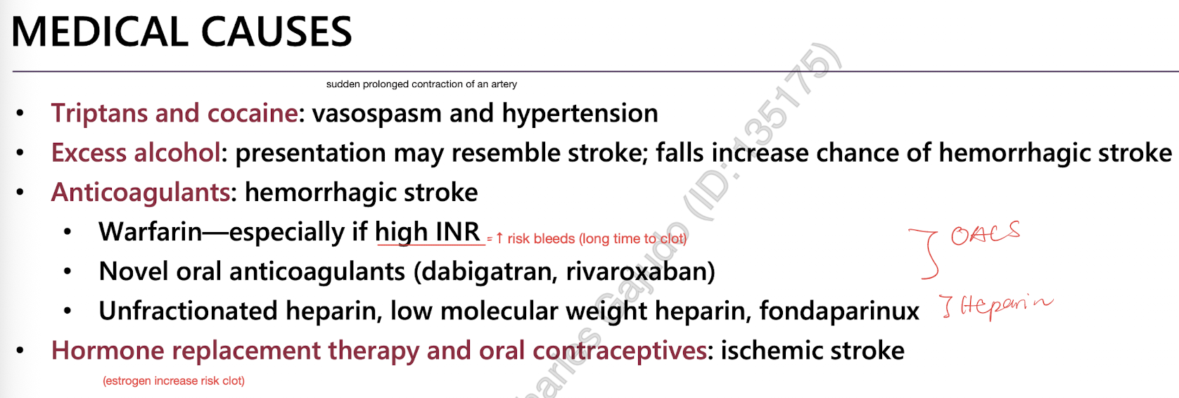 <p>1) triptans &amp; cocaine = vasoconstriction</p><p>2) anticoagulants</p><p>3) hormones, oral contraceptives </p><p>4) alcohol</p>