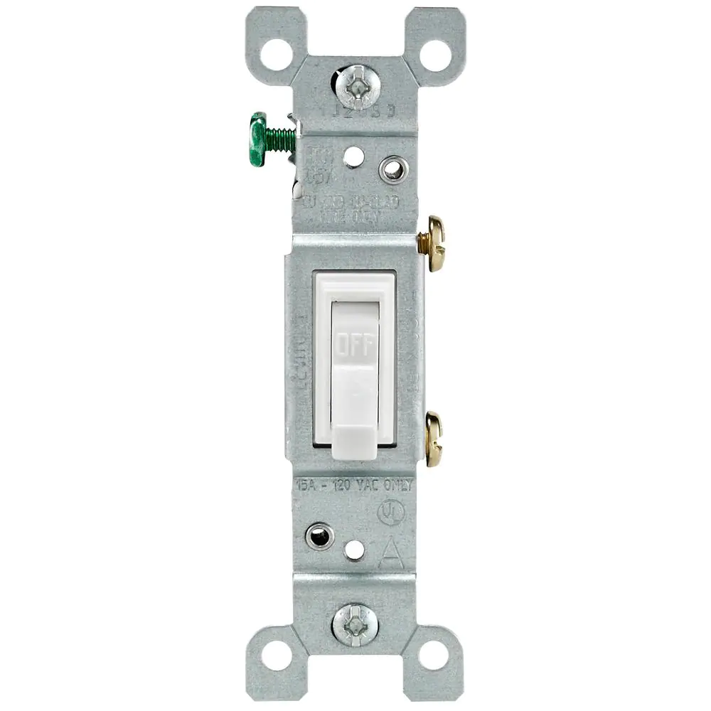 <p>Basic on/off electrical switch with two terminals and a single toggle, controlling one circuit from one location by opening or closing the electrical connection.</p>