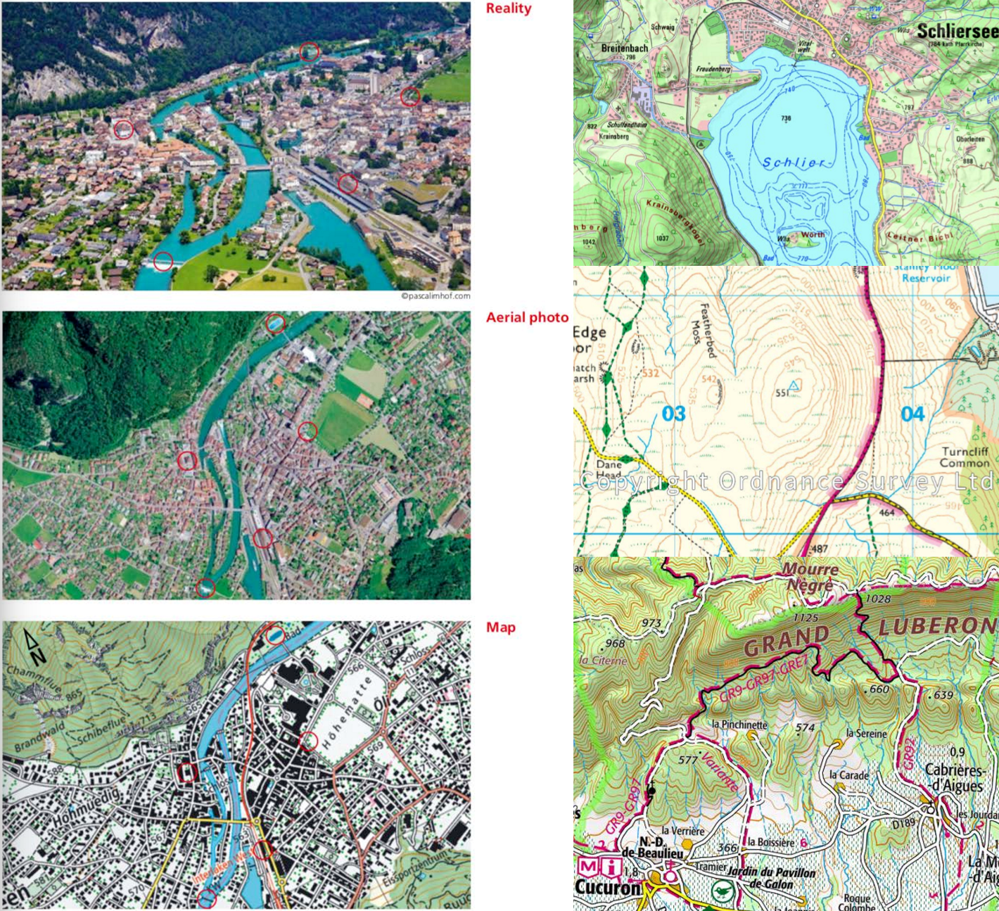<ul><li><p>Configuration of landscapes without relief </p><ul><li><p>Urban areas (buildings) </p></li><li><p>Transportation network (roads) </p></li><li><p>Hydrography, water bodies (rivers, lakes) </p></li><li><p>Landcover (vegetation, cropland) </p></li><li><p>Individual features (antenna) </p></li><li><p>Boundaries (of countries) • </p></li></ul></li><li><p>Terrain (with relief, 3D) </p></li><li><p>Toponyms (Labelling of the features) </p></li><li><p>Map grid, marginalia</p></li></ul><p></p>